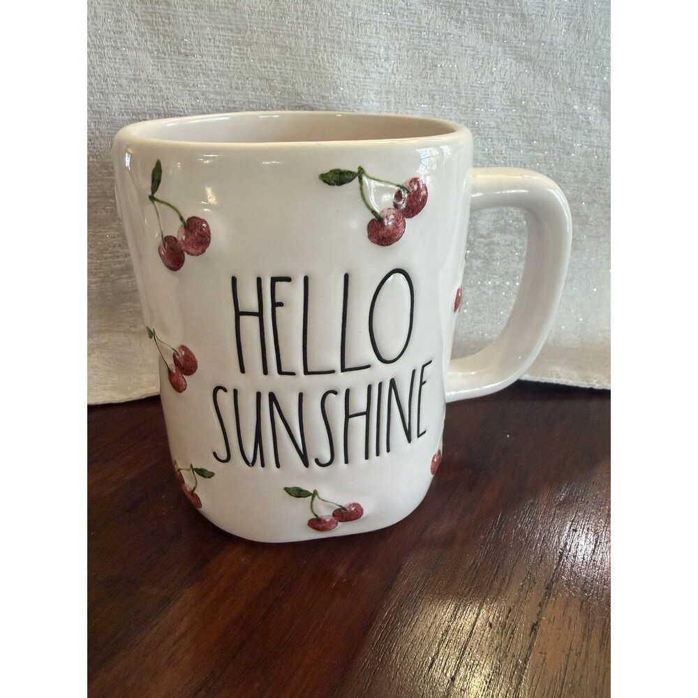 Rae Dunn Artisan Collection White Ceramic HELLO SUNSHINE Cherries Coffee Tea Mug